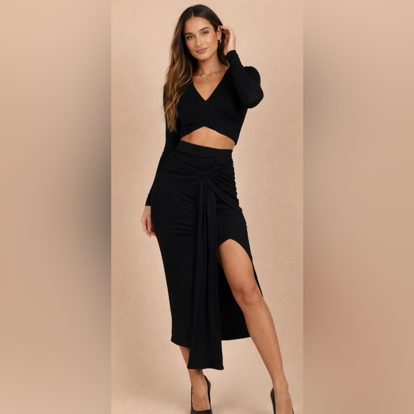 SNDYS. Dresses & Skirts - NWT SNDYS. Lucia Black Two Piece Set Wrap Crop Top + Midi Skirt Size S